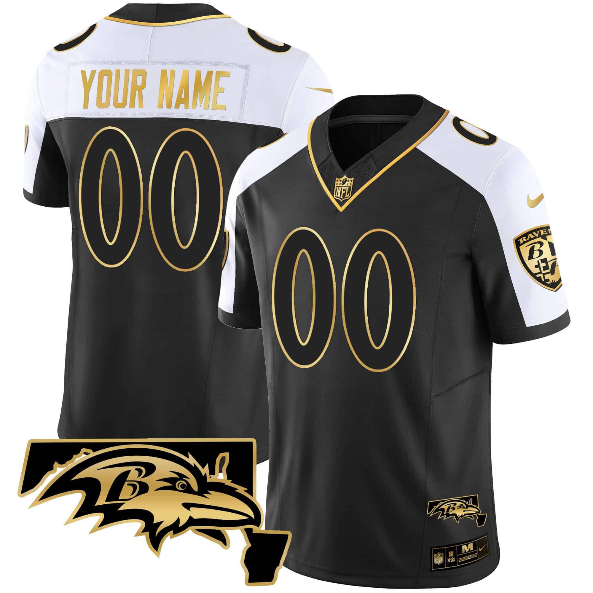 Men Baltimore Ravens Black Gold 2024 Nike Maryland Patch Vapor Custom NFL Jersey